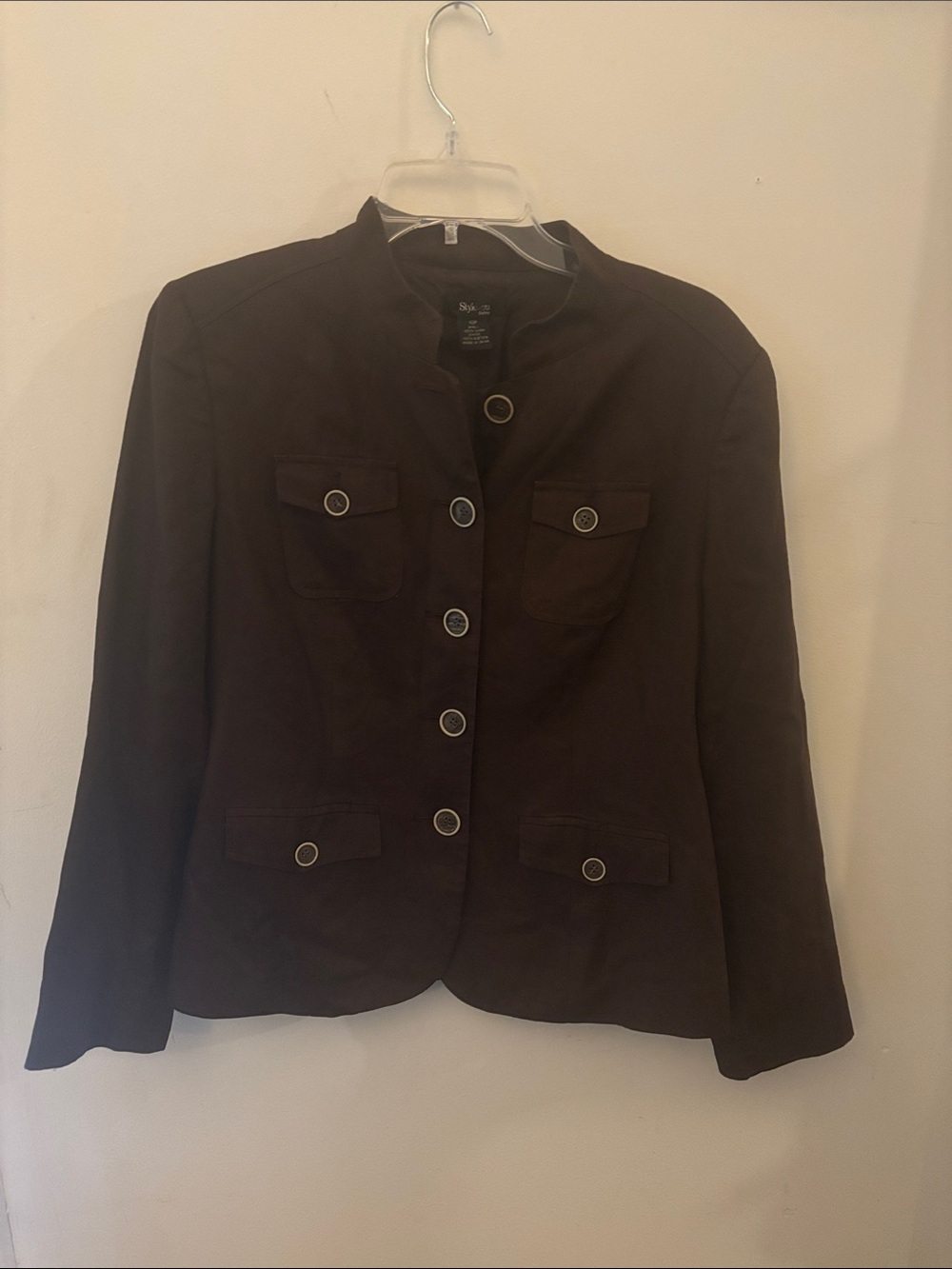Style & Co Petite Brown 100% Linen Military Utility Jacket Blazer 12P